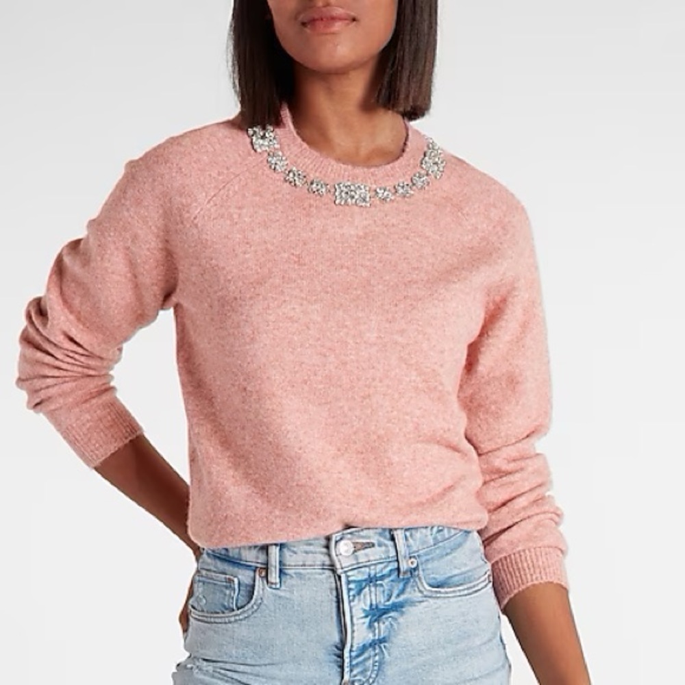 Express women’s embellished neckline, cozy sweater rhinestones studded